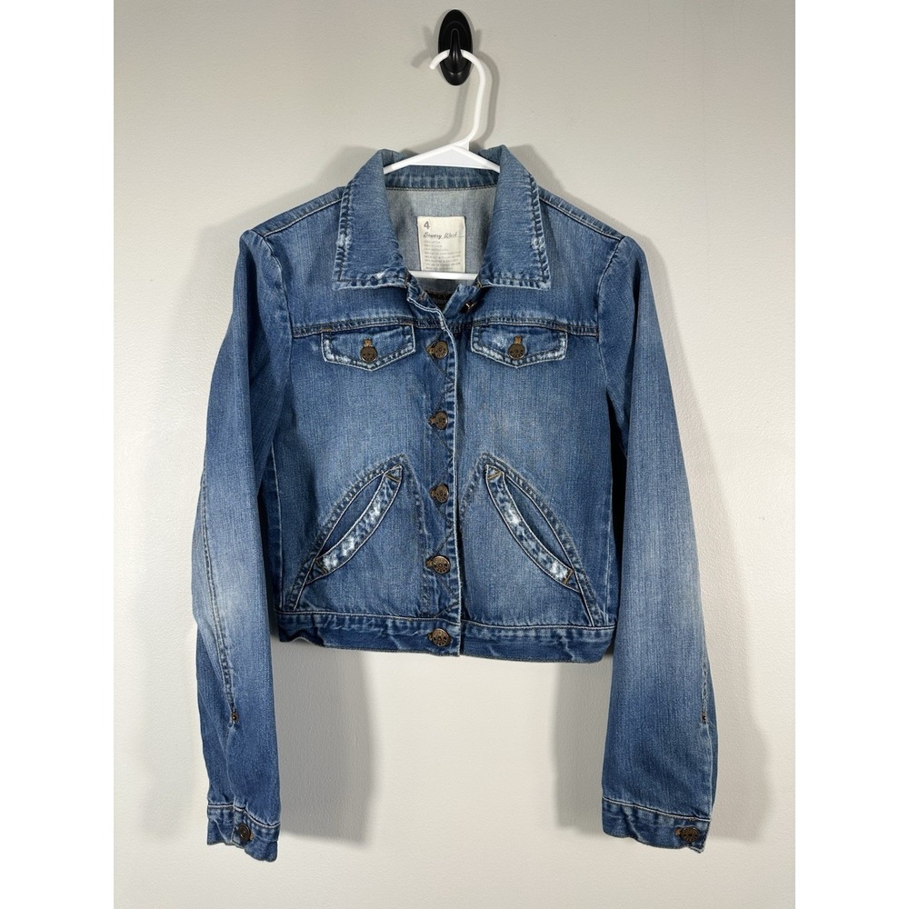 J Crew Denim Jacket Womens 4 Blue Bowery Distressed Jean Cropped Faded Preppy